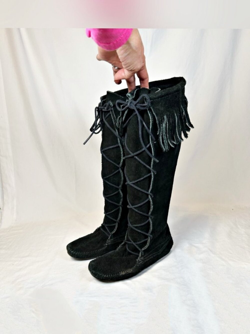 Minnetonka Black Suede Fringe Front Lace Knee High Moccasin Boots~7~ 1429